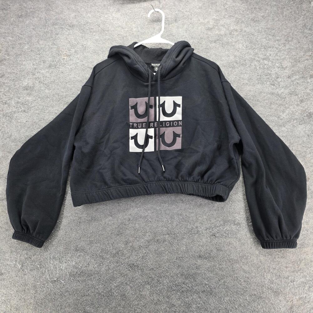 True Religion Hoodie Womens XL Black Pullover Hooded Graphic Print Elastic Waist